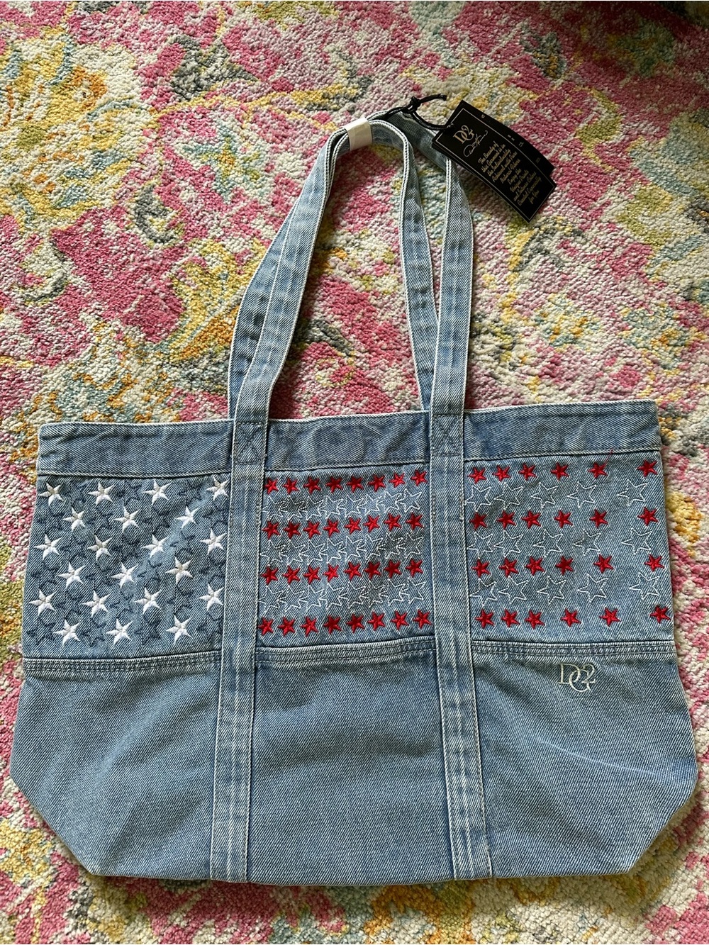 DG2 by Diane Gilman Denim Tote with Red and White Star Embroidery
